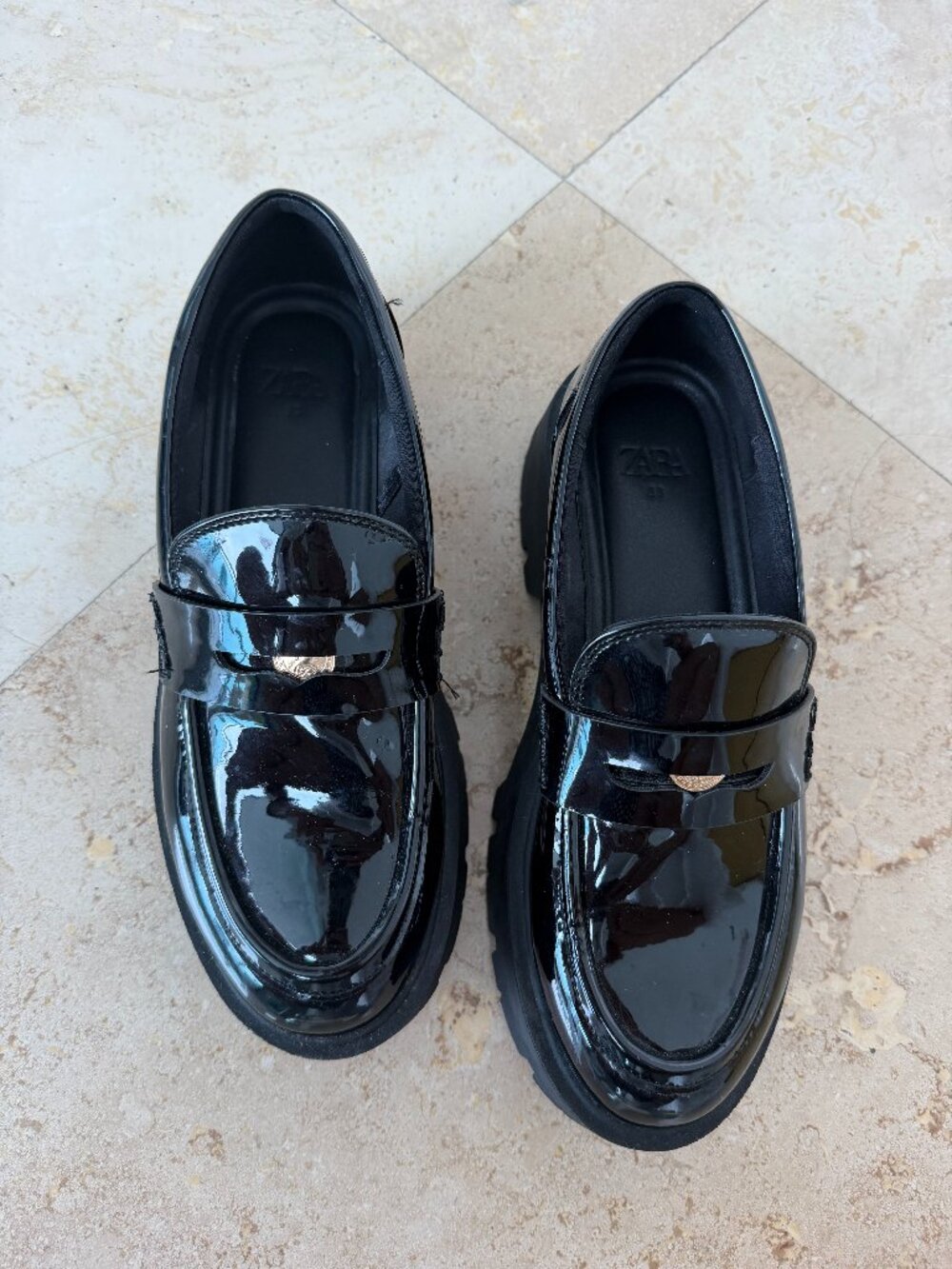 Zara Black Patent Chunky Lug Sole Penny Loafers Gold Coin Detail EUR 38